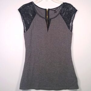 Express Top Cap Sleeve Lace Mesh Faux Leather Trim Gold Zipper Grey Black Small